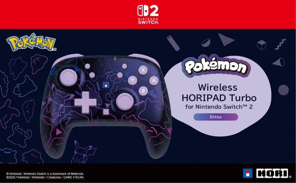 Dunkler Pokémon Wireless HORIPAD Turbo für Nintendo Switch 2 im Ditto-Design.