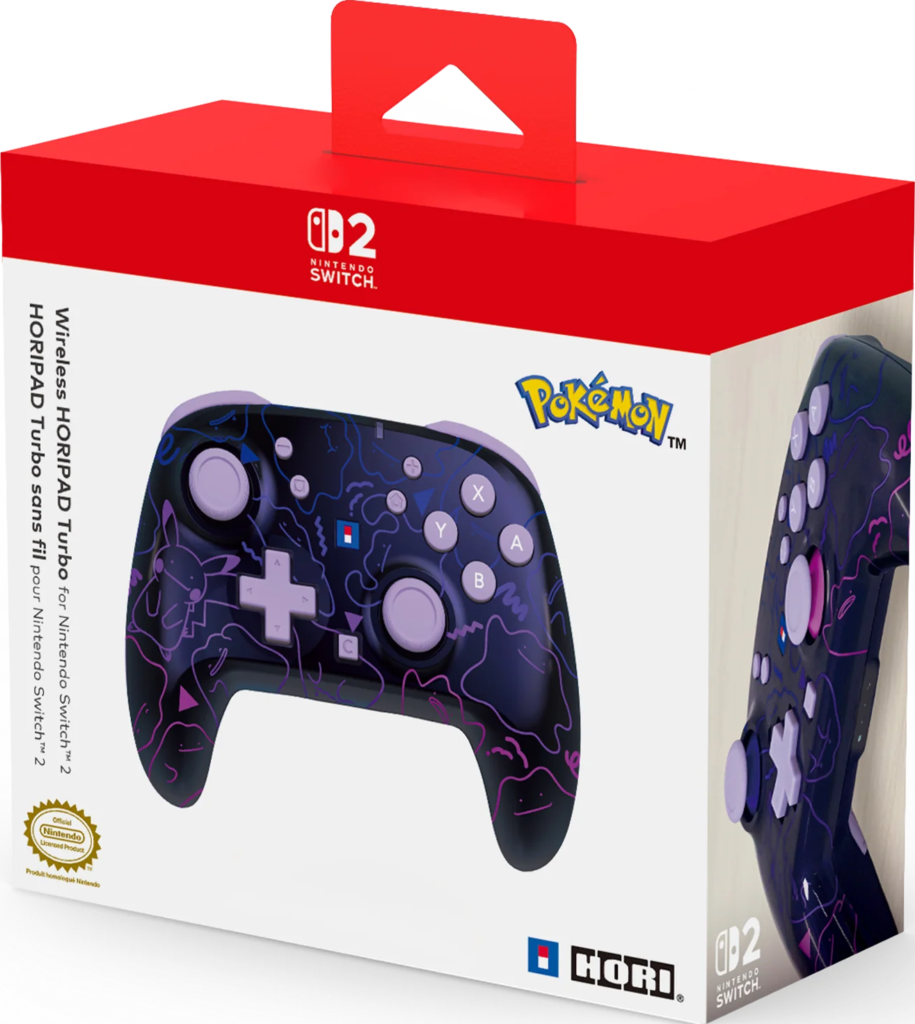 Eine Verpackung für einen kabellosen HORIPAD Turbo für Nintendo Switch 2 im Pokémon-Design mit Lila-Akzenten.