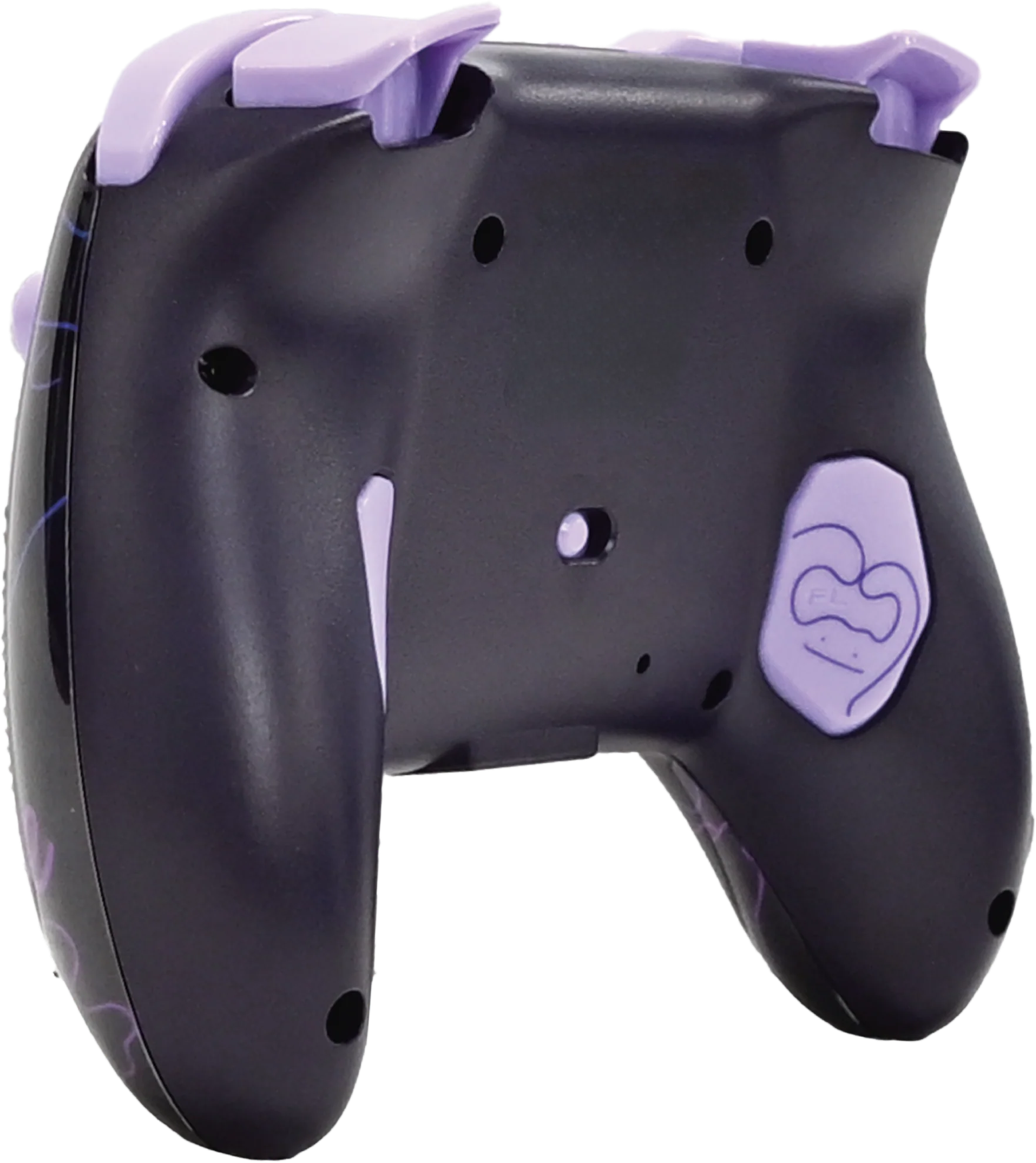 Rückansicht eines schwarzen Videospiel-Controllers mit helllila Schultertasten und passendem Rückpaddel.
