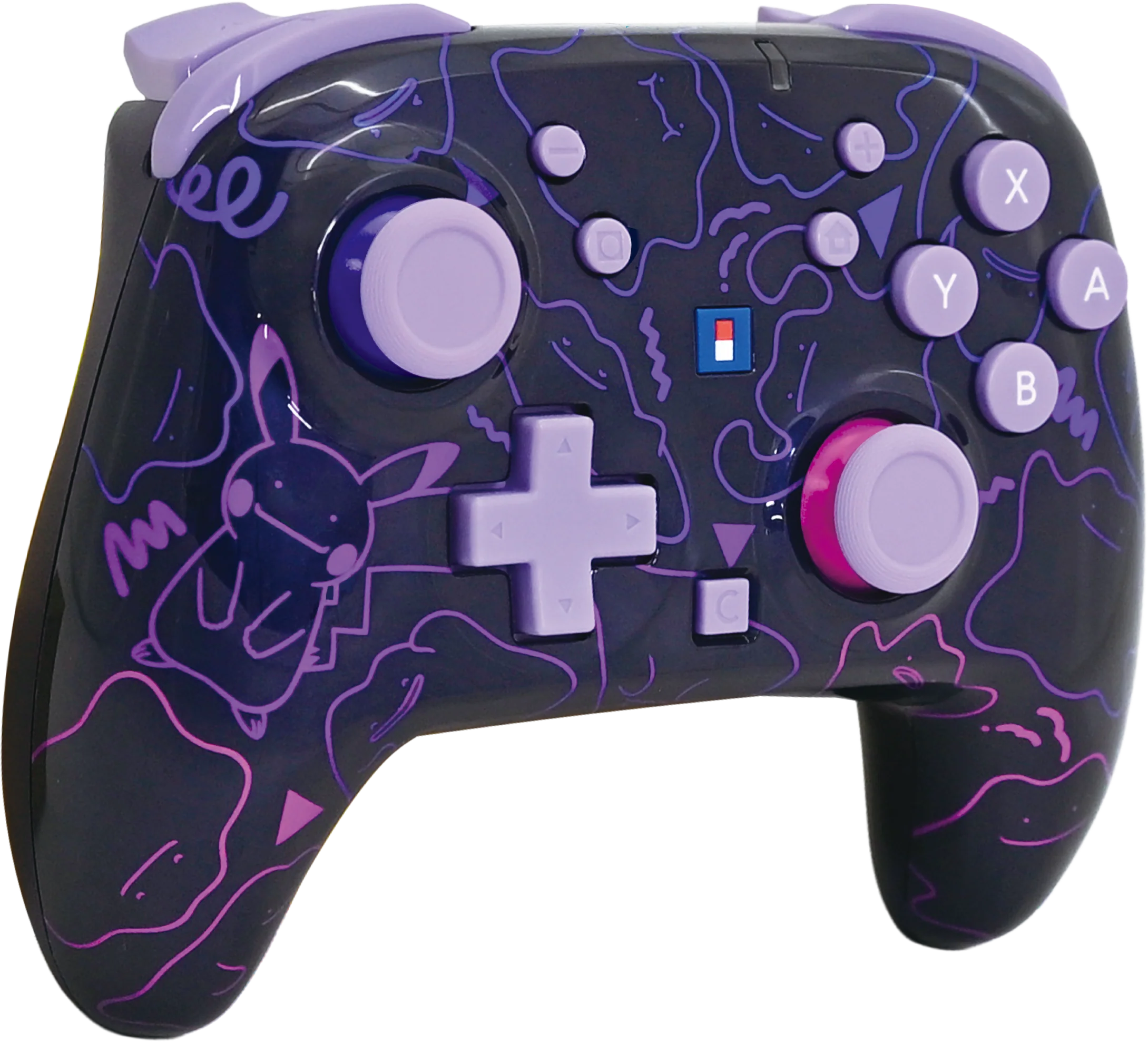 Dunkler Gamecontroller mit violetten Pokémon-Grafiken, hellvioletten Tasten und zwei Analog-Sticks.