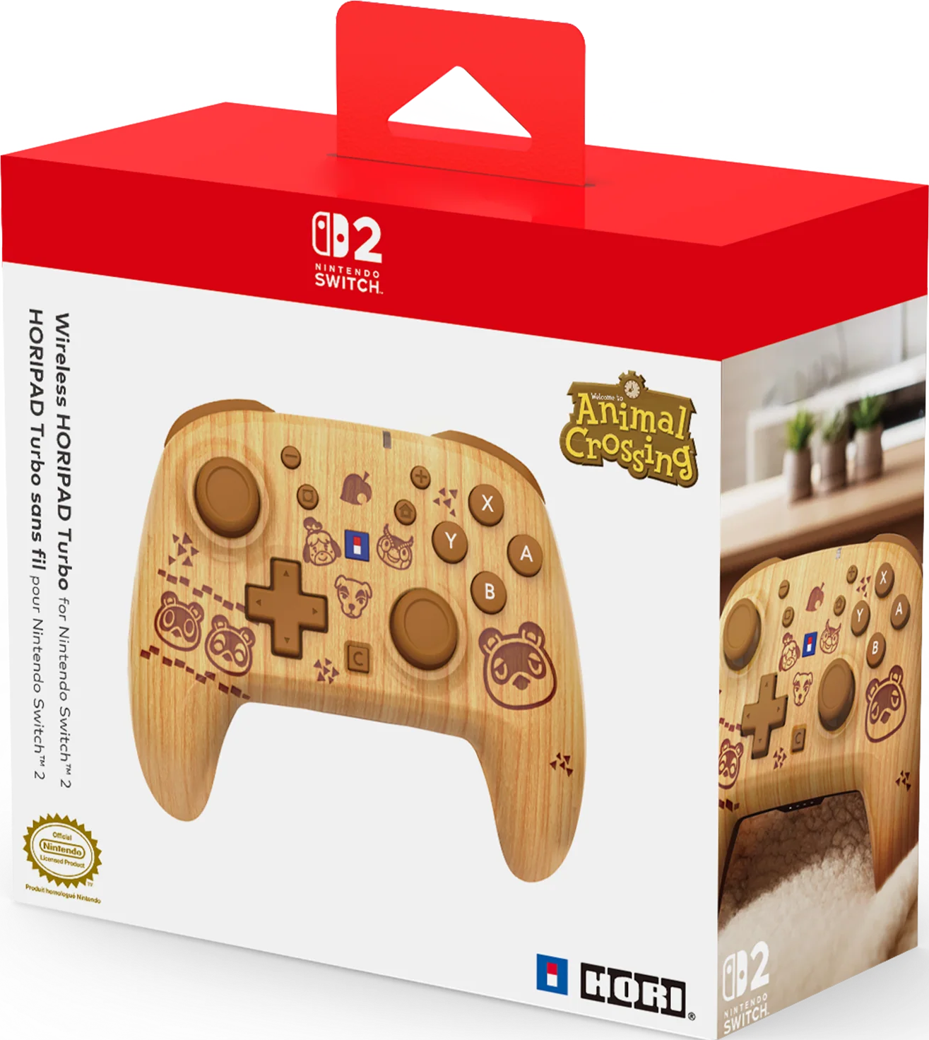 Eine Animal Crossing Nintendo Switch 2 Controller Verpackung in Holzoptik mit Charakteren.