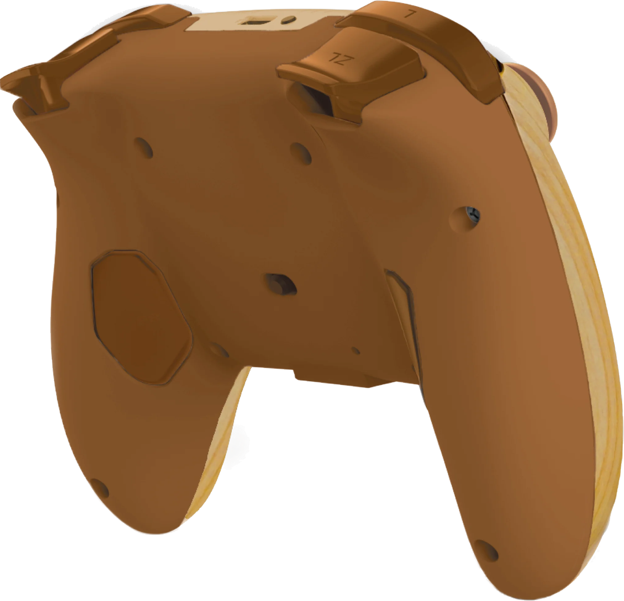 Eine Nahaufnahme der Rückseite eines braunen und holzgemusterten Videospiel-Controllers vor schwarzem Hintergrund.