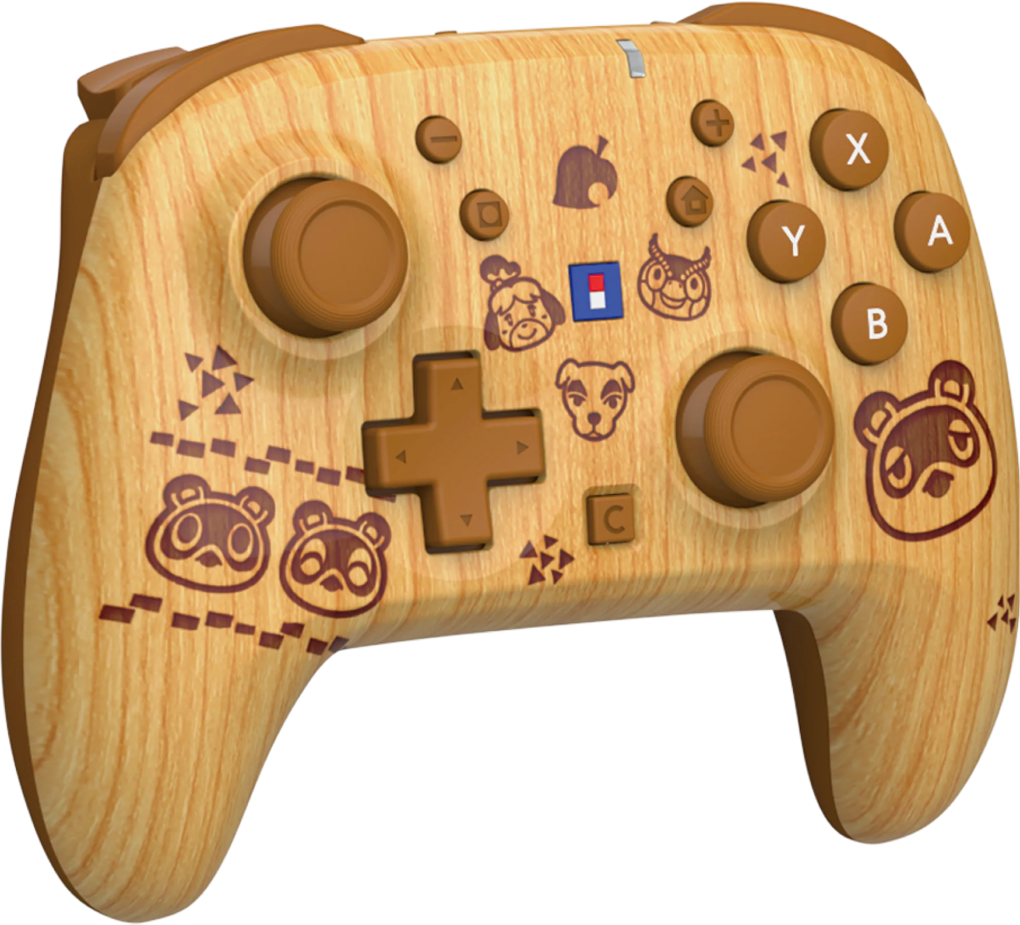 Holzfarbener Animal Crossing Controller mit Charakteren, ABXY-Tasten und Sticks.