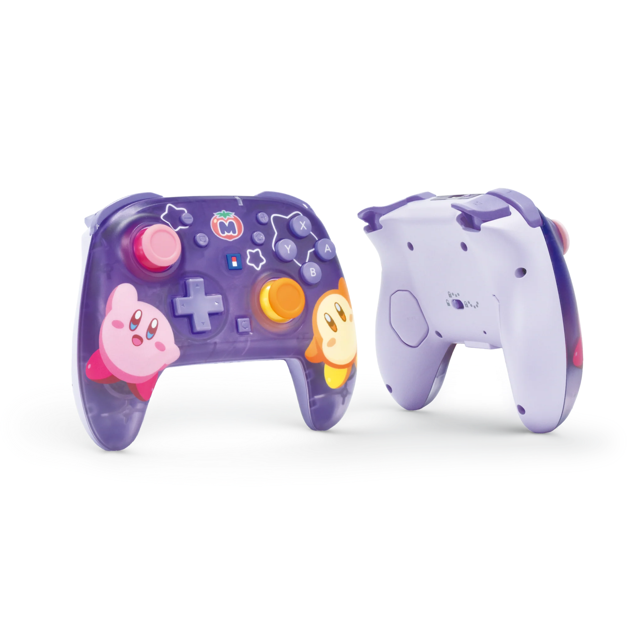 Transparenter lila Controller mit Kirby-Design, D-Pad, bunten Knöpfen und Vorder- und Rückansicht.
