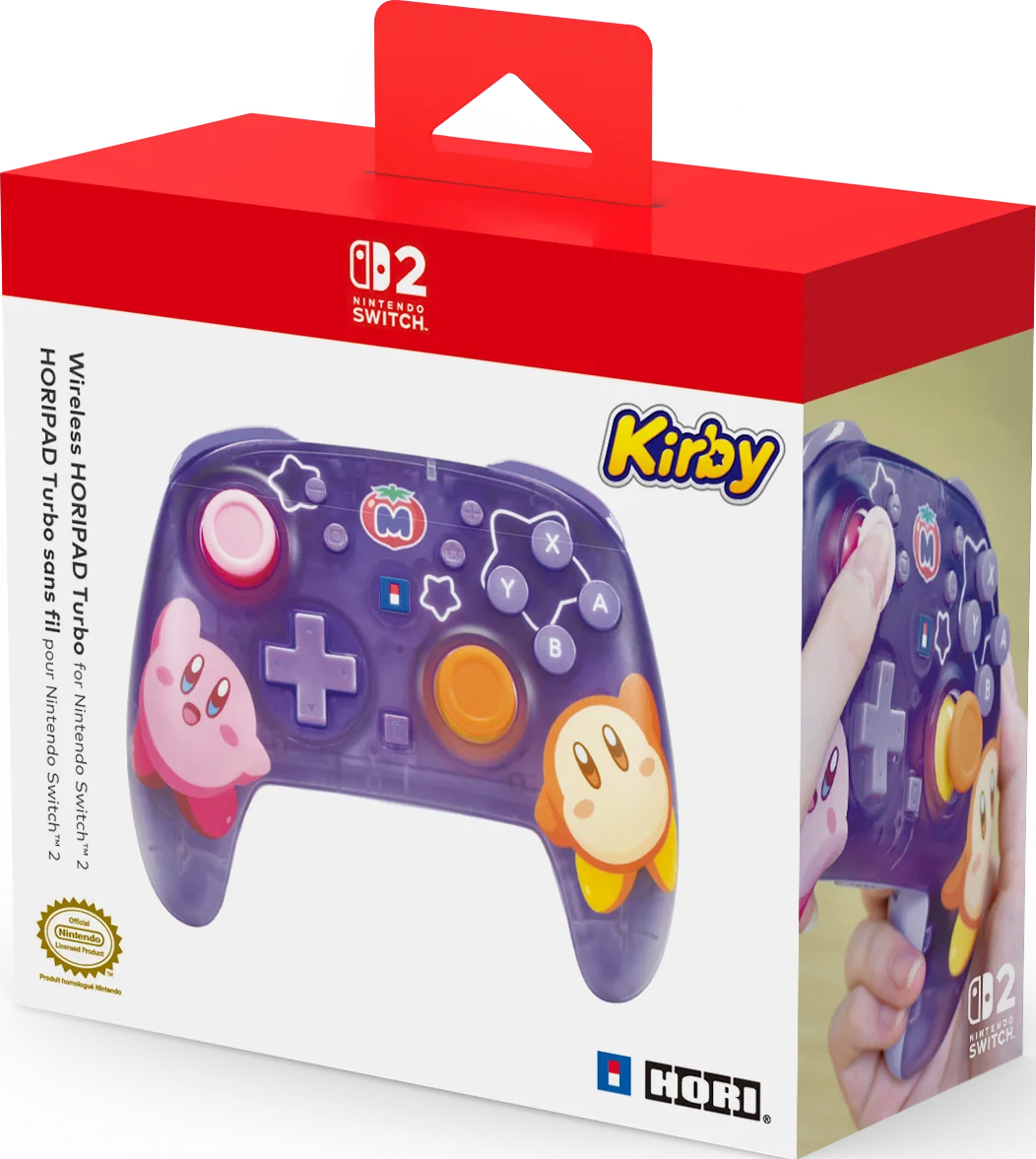 Kirby Nintendo Switch Wireless HORIPAD Turbo in einer roten und weißen Verpackung.