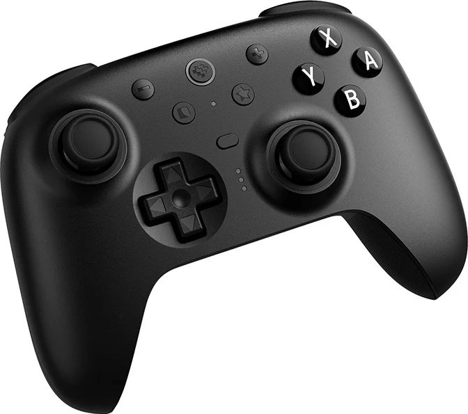 Un controller di gioco nero con due levette analogiche, una croce direzionale e pulsanti ABXY.