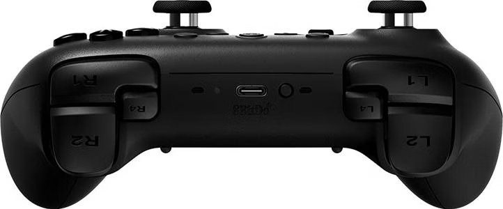 Vista posteriore di un controller di gioco nero che mostra i pulsanti superiori, R1, R2, L1, L2 e una porta USB-C centrale.