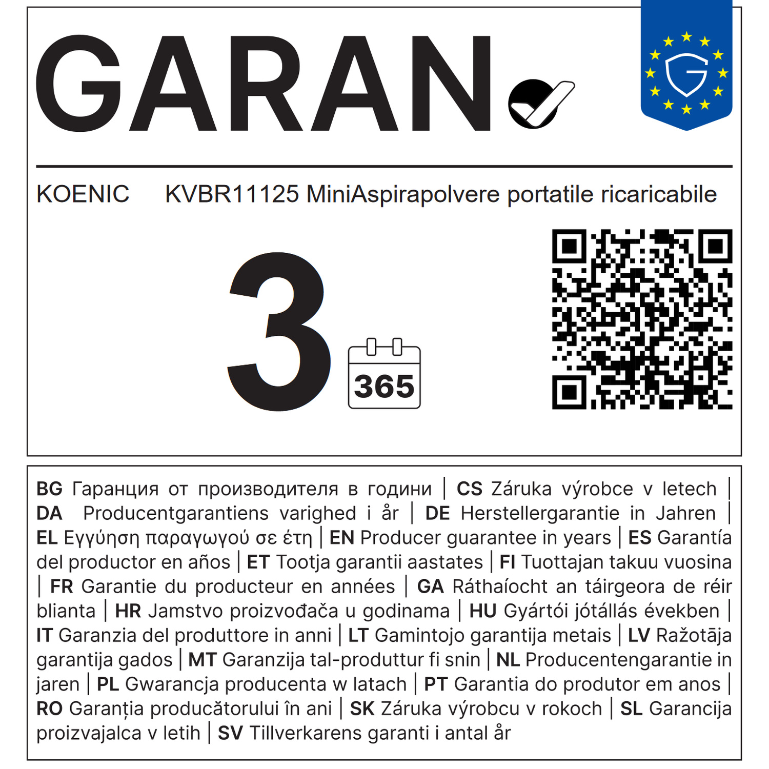 Etichetta di garanzia del prodotto con il numero 3, un calendario, codice QR e icona UE.