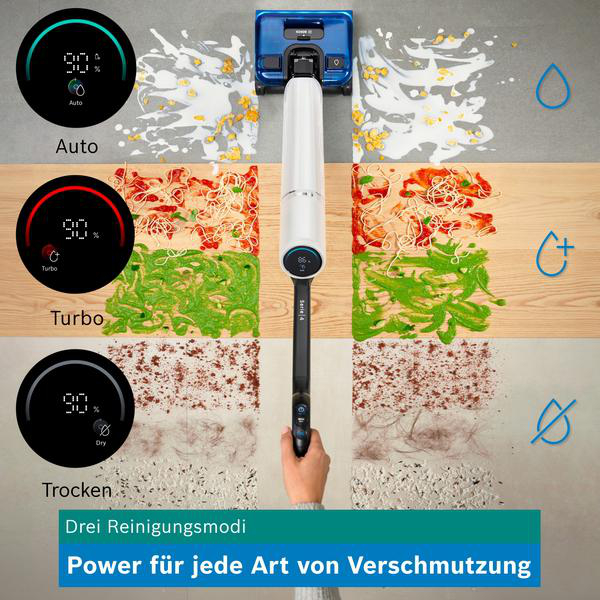 Ein Akkustaubsauger reinigt verschiedene Oberflächen mit drei Modi bei unterschiedlichen Verschmutzungen.