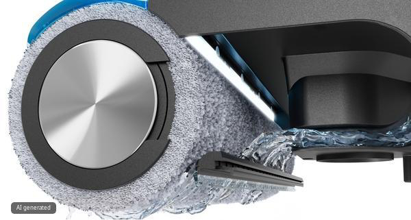 Wischmopp einer Reinigungsmaschine mit fließendem Wasser und einem Gummilippenabstreifer.