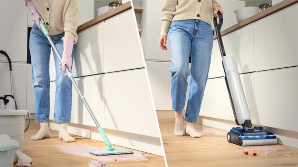 Vergleich zweier Reinigungsmethoden: Person wischt mit herkömmlichem Mopp und mit einem modernen Bodenreiniger.