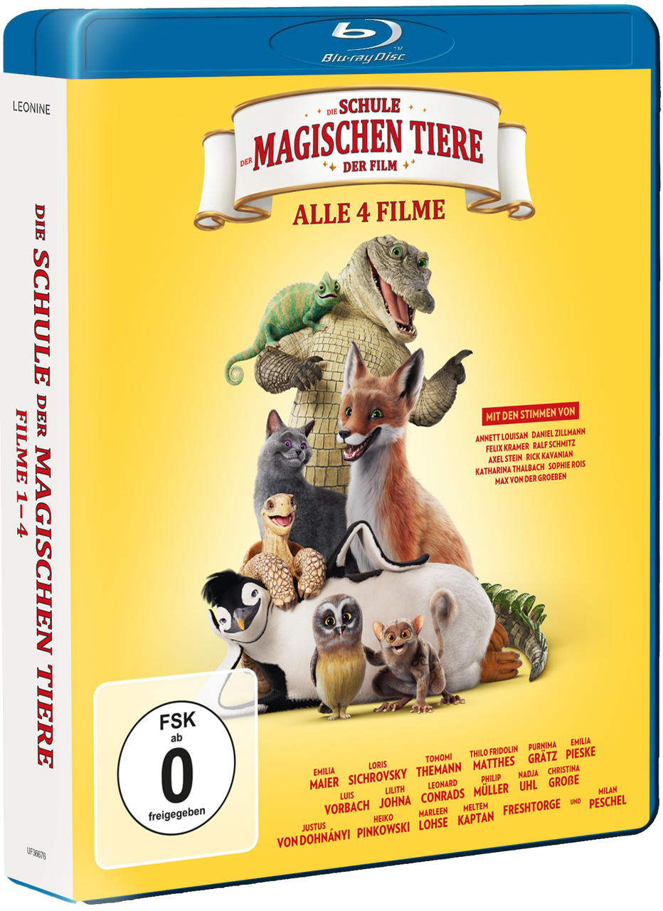 Blu-ray-Hülle von Die Schule der Magischen Tiere mit animierten Tieren auf gelbem Hintergrund.