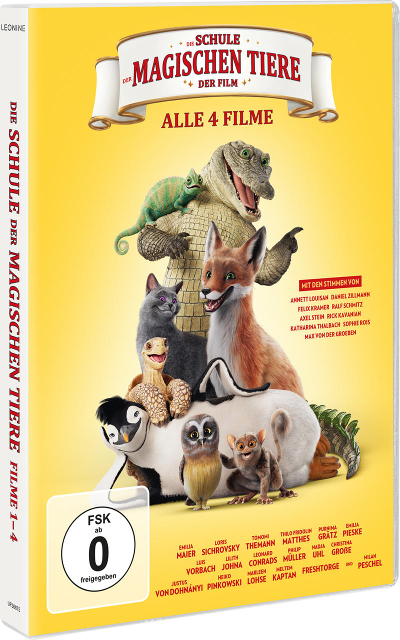 DVD-Cover von 'Die Schule der magischen Tiere' mit verschiedenen sprechenden Tieren vor gelbem Hintergrund.
