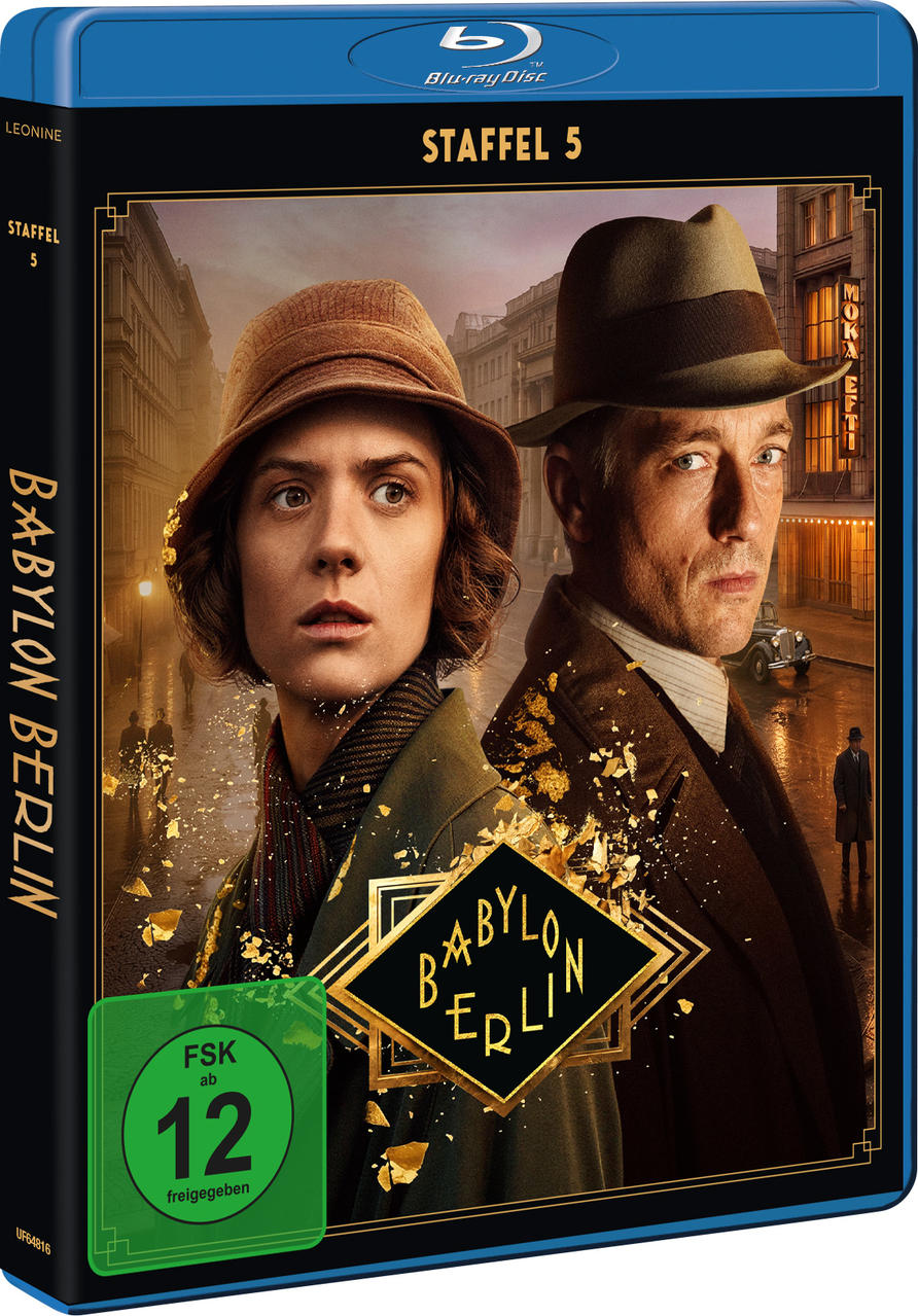 Babylon Berlin Staffel 5 Blu-ray-Cover mit den Hauptcharakteren Charlotte Ritter und Gereon Rath in Retro-Kleidung.
