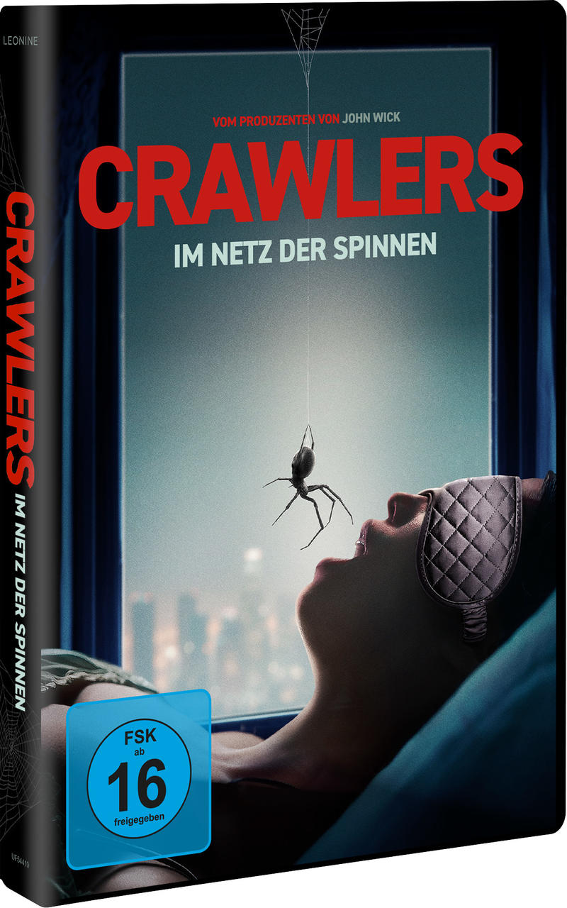 DVD-Cover von Crawlers zeigt eine Frau mit Schlafmaske, über der eine Spinne an einem Faden hängt.