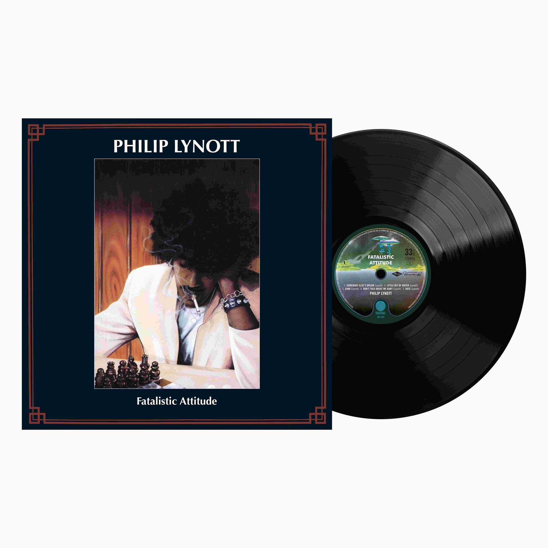Vinyl-Schallplatte mit Cover von Philip Lynott: Fatalistic Attitude, er sitzt an einem Schachbrett.