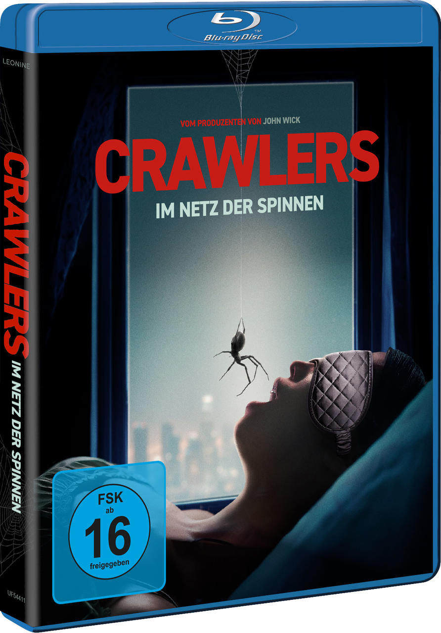 Blu-ray-Hülle des Films Crawlers mit einer Spinne vor dem Gesicht einer schlafenden Frau mit Schlafmaske.