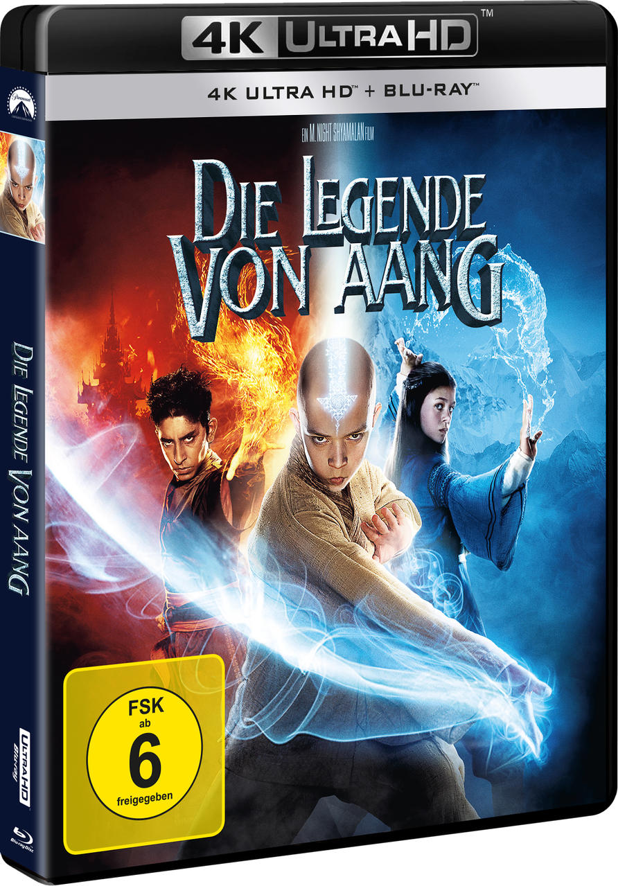 DVD-Cover von Die Legende von Aang mit drei Figuren und Elementen wie Feuer und Wasser.