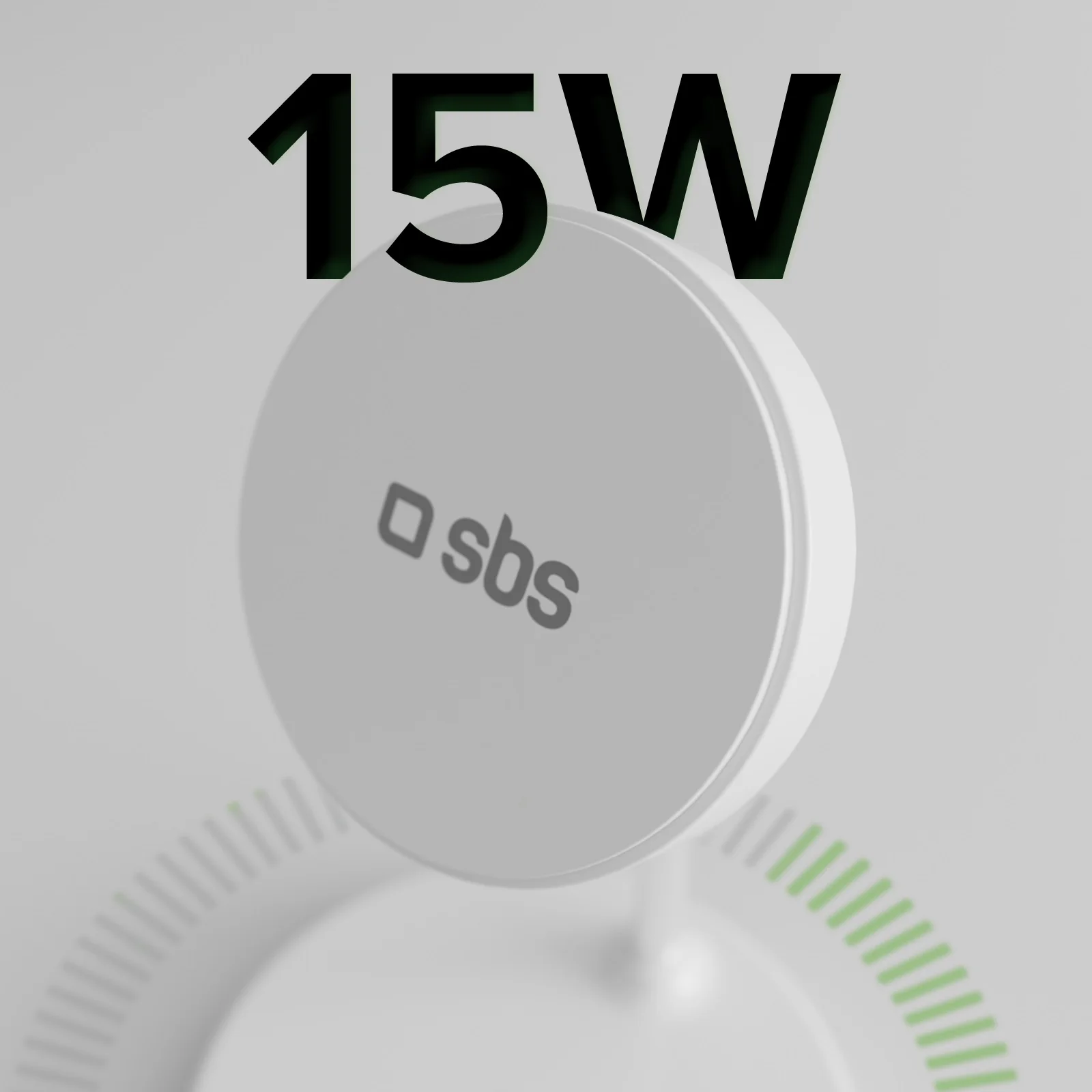Ein weißes kabelloses Ladegerät mit dem SBS-Logo und der Aufschrift 15W davor.