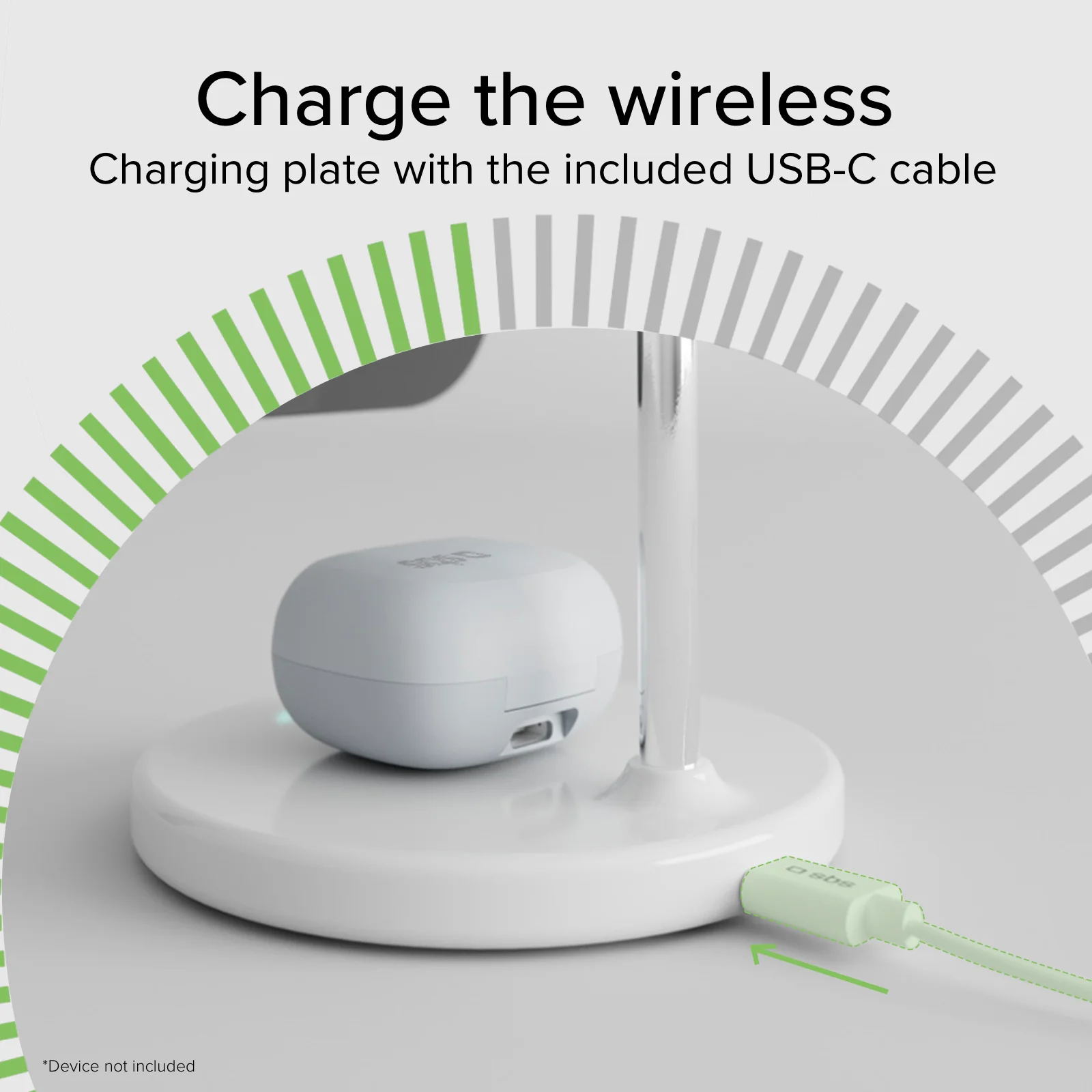 Eine weiße kabellose Ladestation mit einem grünen USB-C-Kabel und Ladecase.