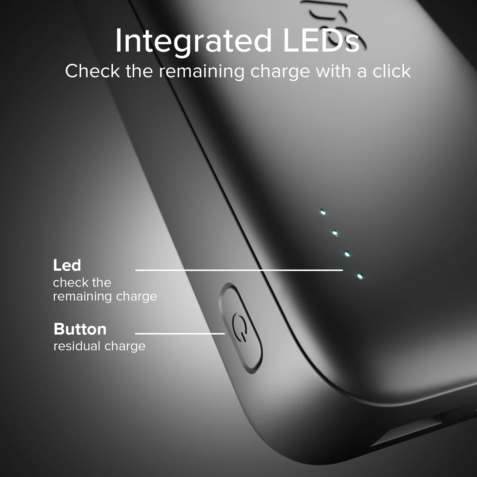 Schwarze Powerbank mit integrierten LEDs und Power-Button.