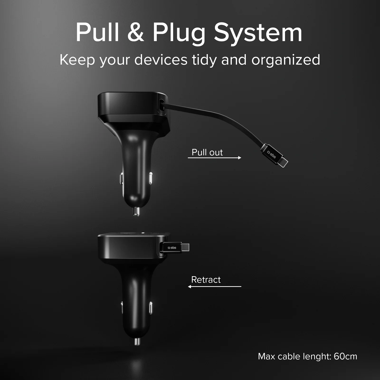 Schwarzes Autoladegerät mit einziehbarem 60cm Kabel, Funktion für Pull und Plug.
