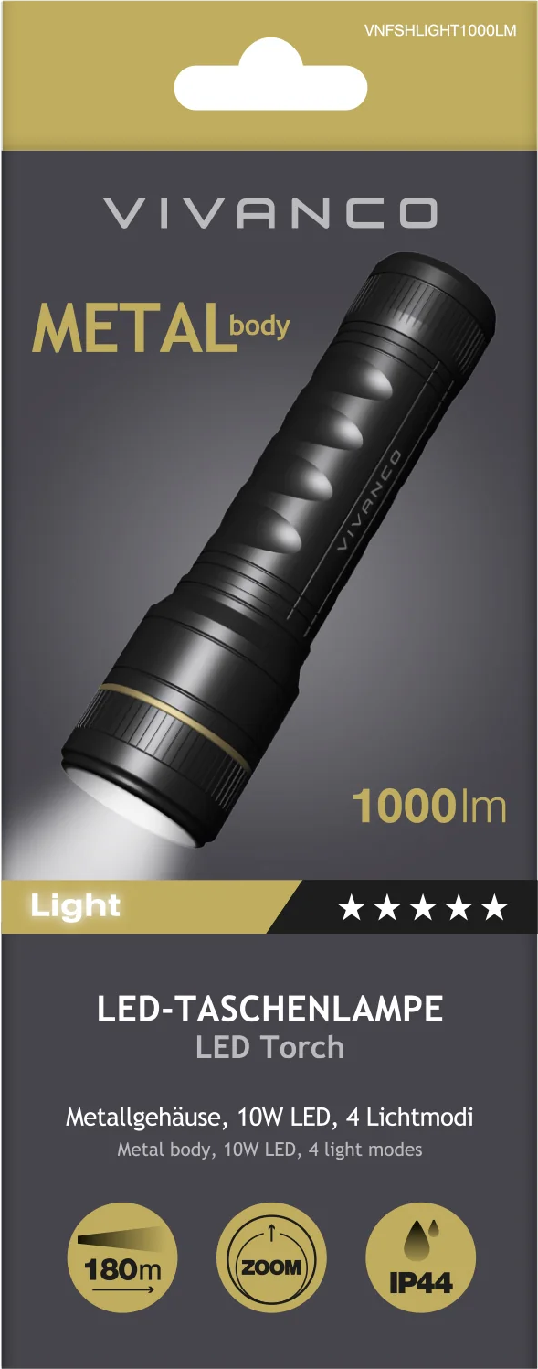 Verpackung einer schwarzen Vivanco LED-Taschenlampe mit 1000 Lumen, Metallgehäuse und Zoom-Funktion.
