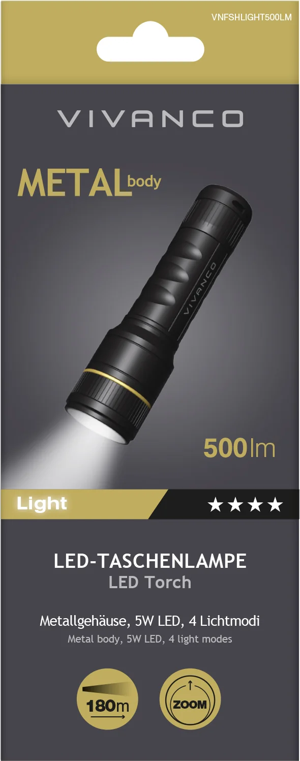 Verpackung einer schwarzen Vivanco LED-Taschenlampe mit Metallgehäuse, 500 Lumen und Zoomfunktion.