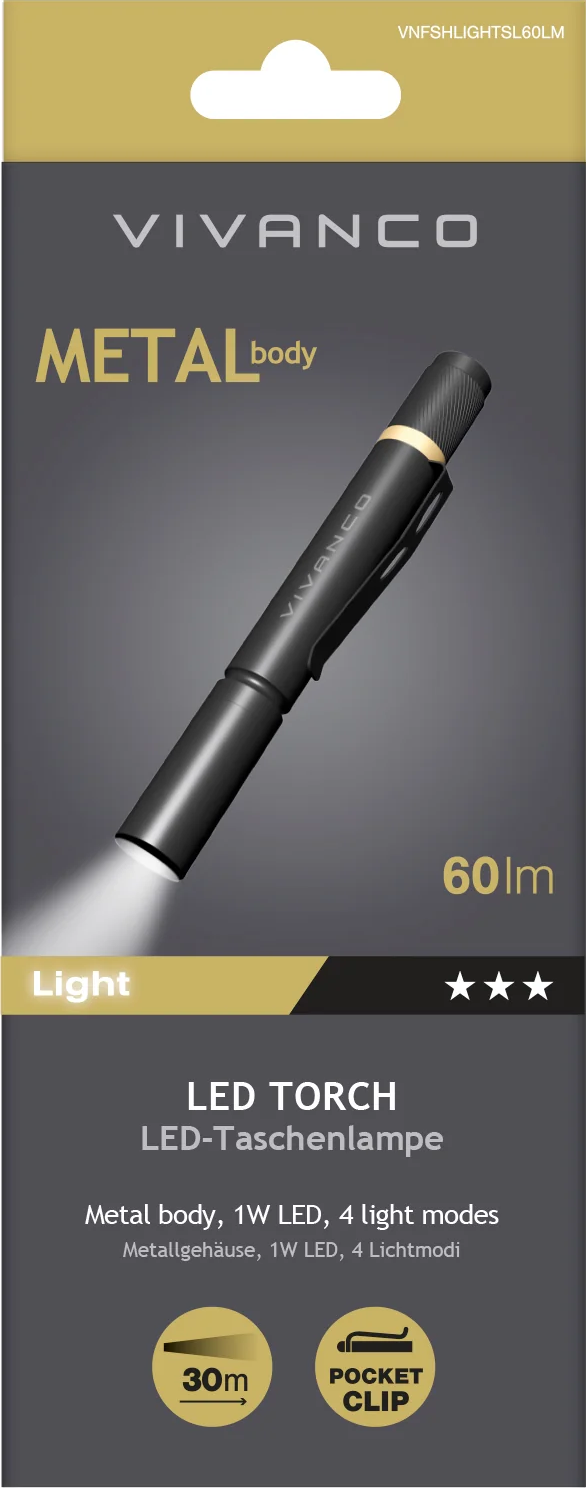 Vivanco LED-Taschenlampe in Verpackung mit Metallgehäuse, 60 Lumen, Taschenclip und 30m Leuchtweite.
