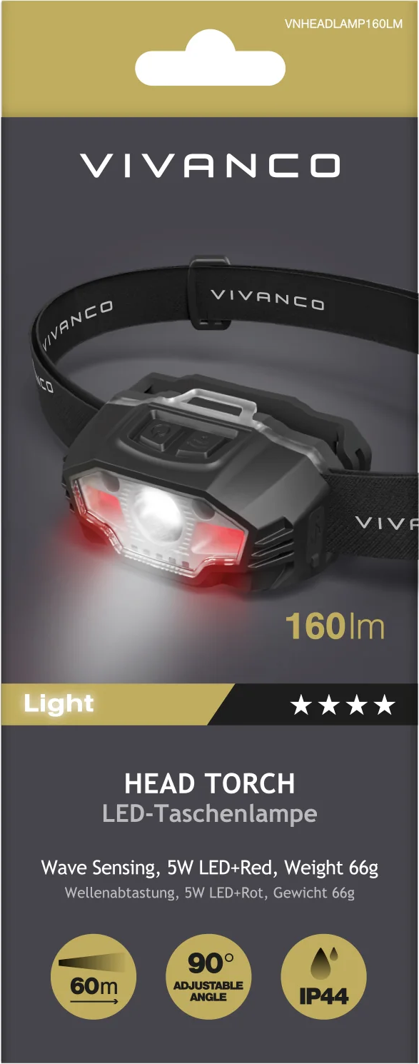Vivanco LED-Stirnlampe mit schwarzem Band, 160lm, Bewegungssensor und roten Lichtern auf Produktverpackung.