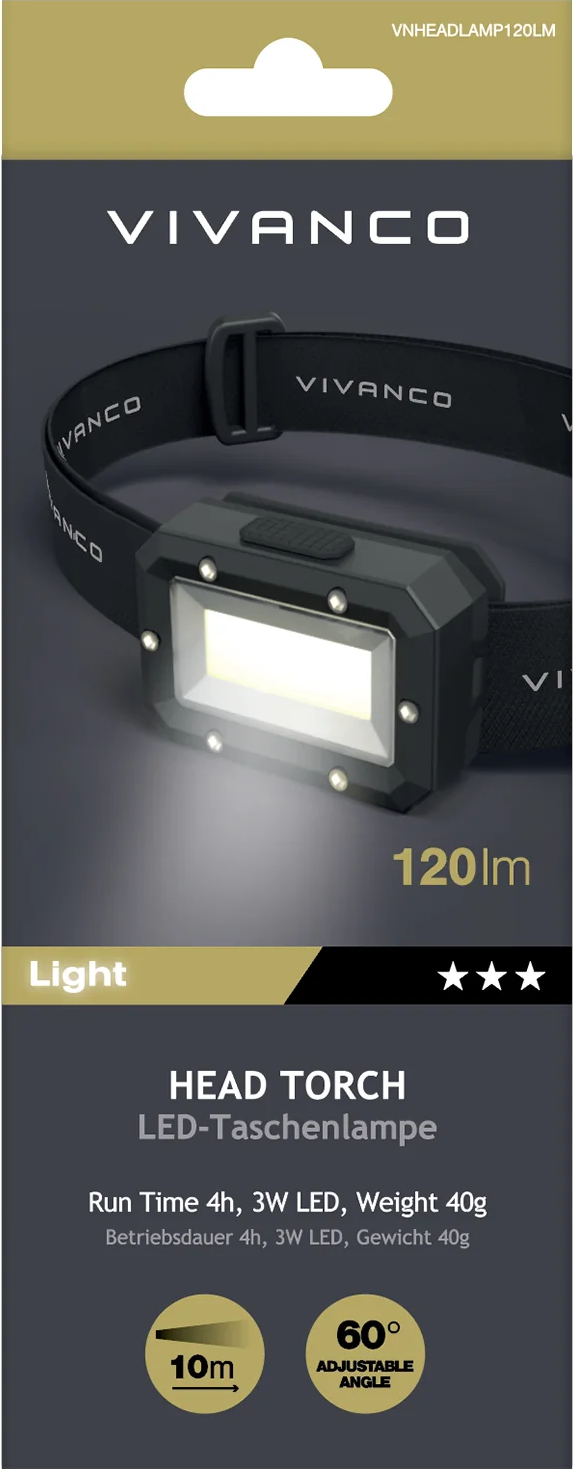 Verpackung einer Vivanco 120lm LED-Stirnlampe mit schwarzem Band und technischen Details.