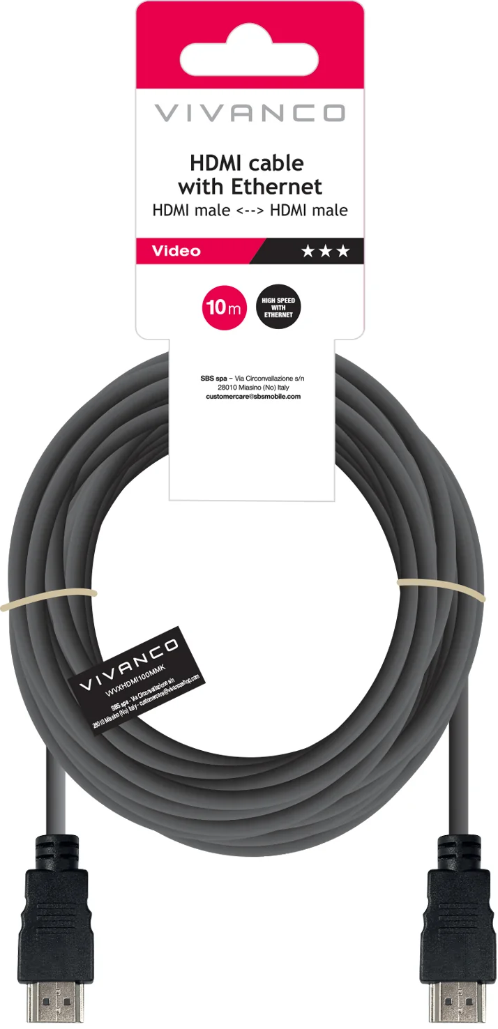 Vivanco 10m HDMI-Kabel mit Ethernet in Originalverpackung auf weißem Hintergrund.
