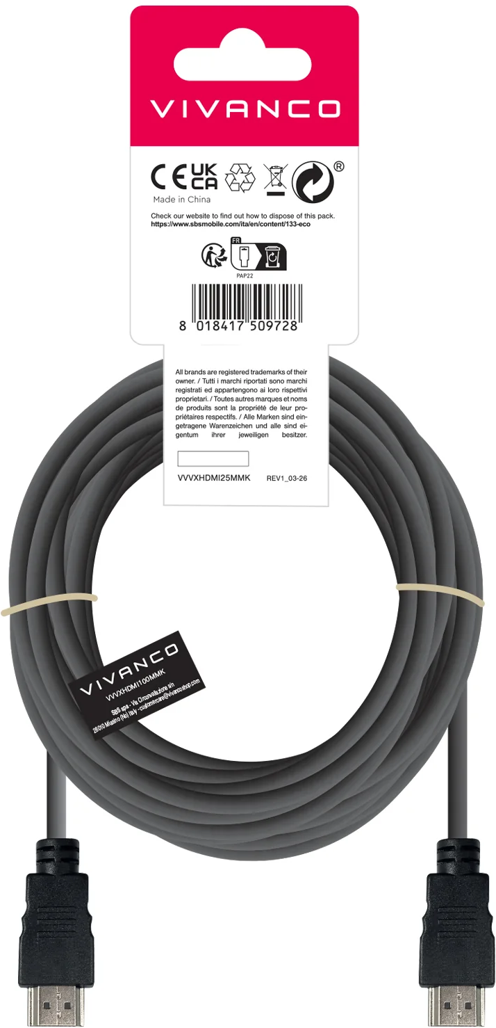 Vivanco HDMI-Kabel in Verpackung mit Barcode, CE-Kennzeichnung und Steckern.
