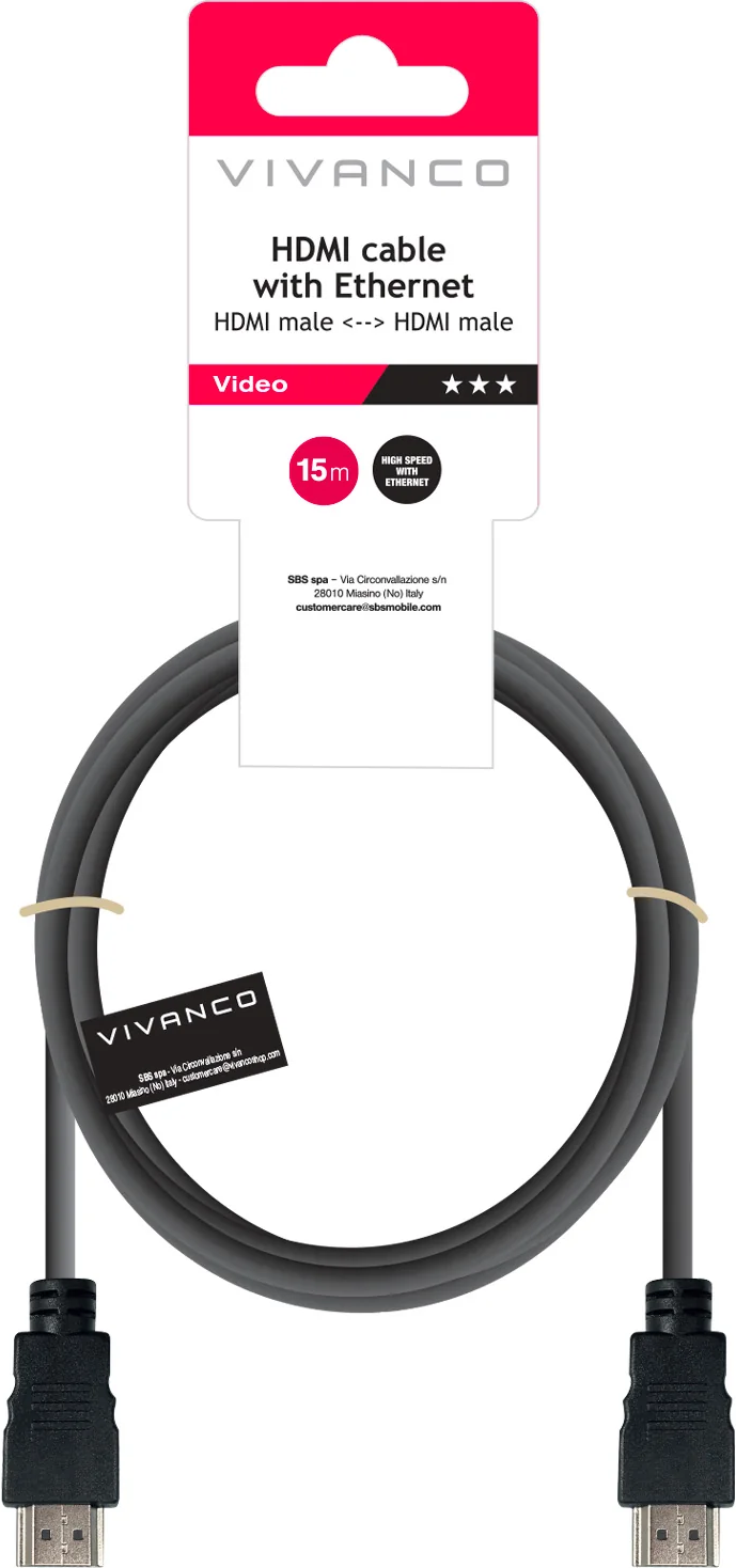 Vivanco HDMI-Kabel, 15m, in Verpackung mit grauem Kabel und schwarzen Steckern.