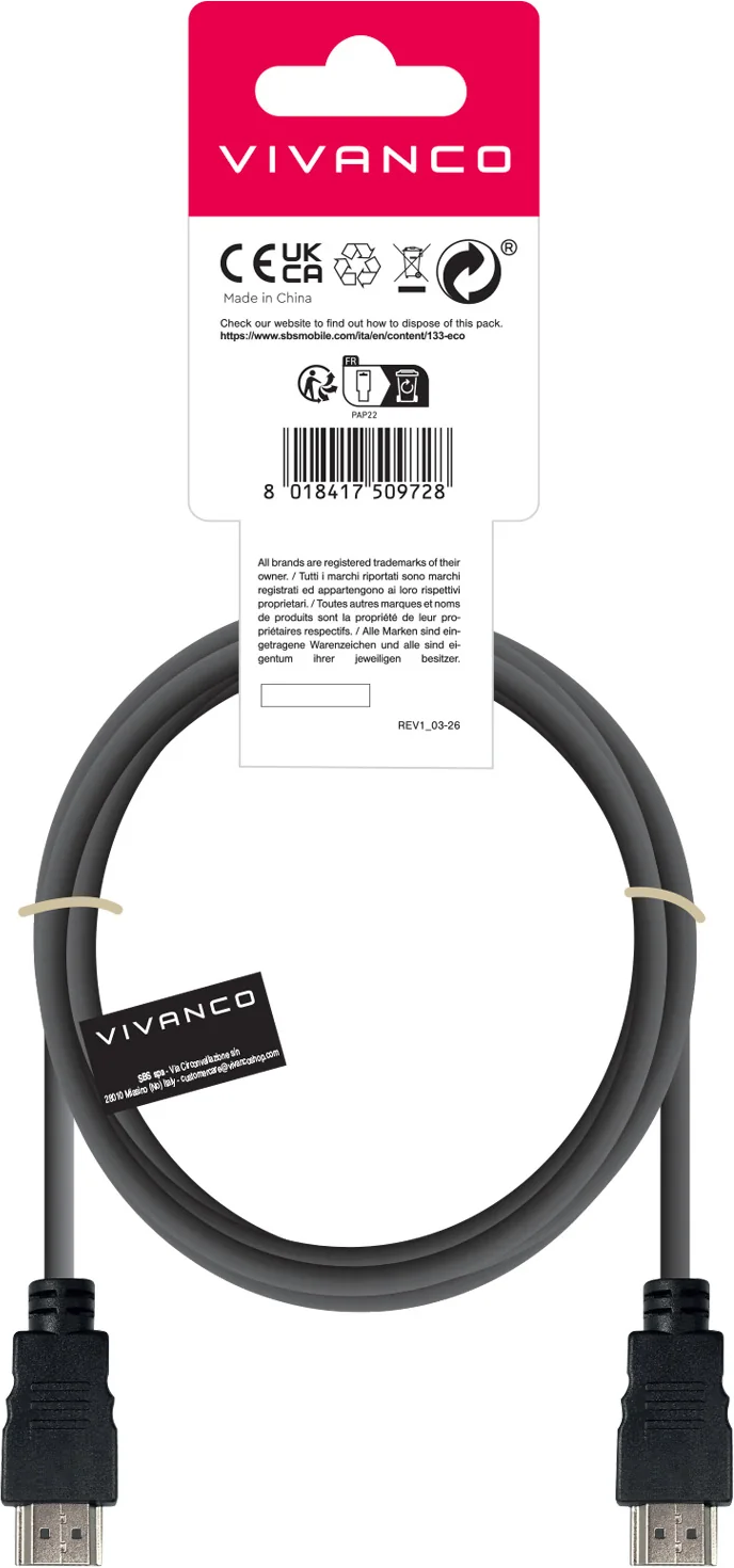 Vivanco HDMI-Kabel in Verpackung mit Barcode und CE-Kennzeichen.
