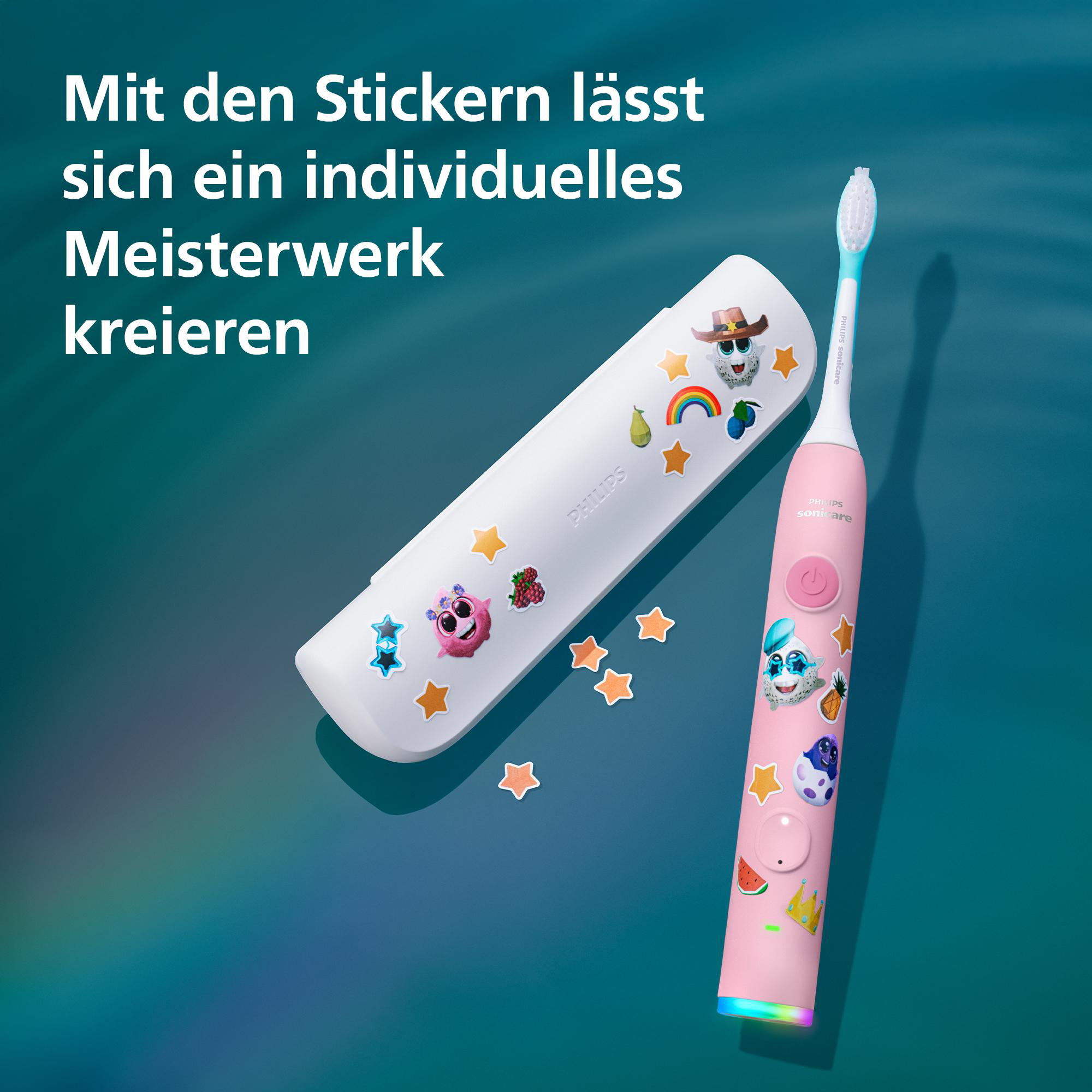Eine rosa Philips Sonicare Zahnbürste und ein weißes Etui, beide mit bunten Stickern auf einer türkisen Oberfläche.