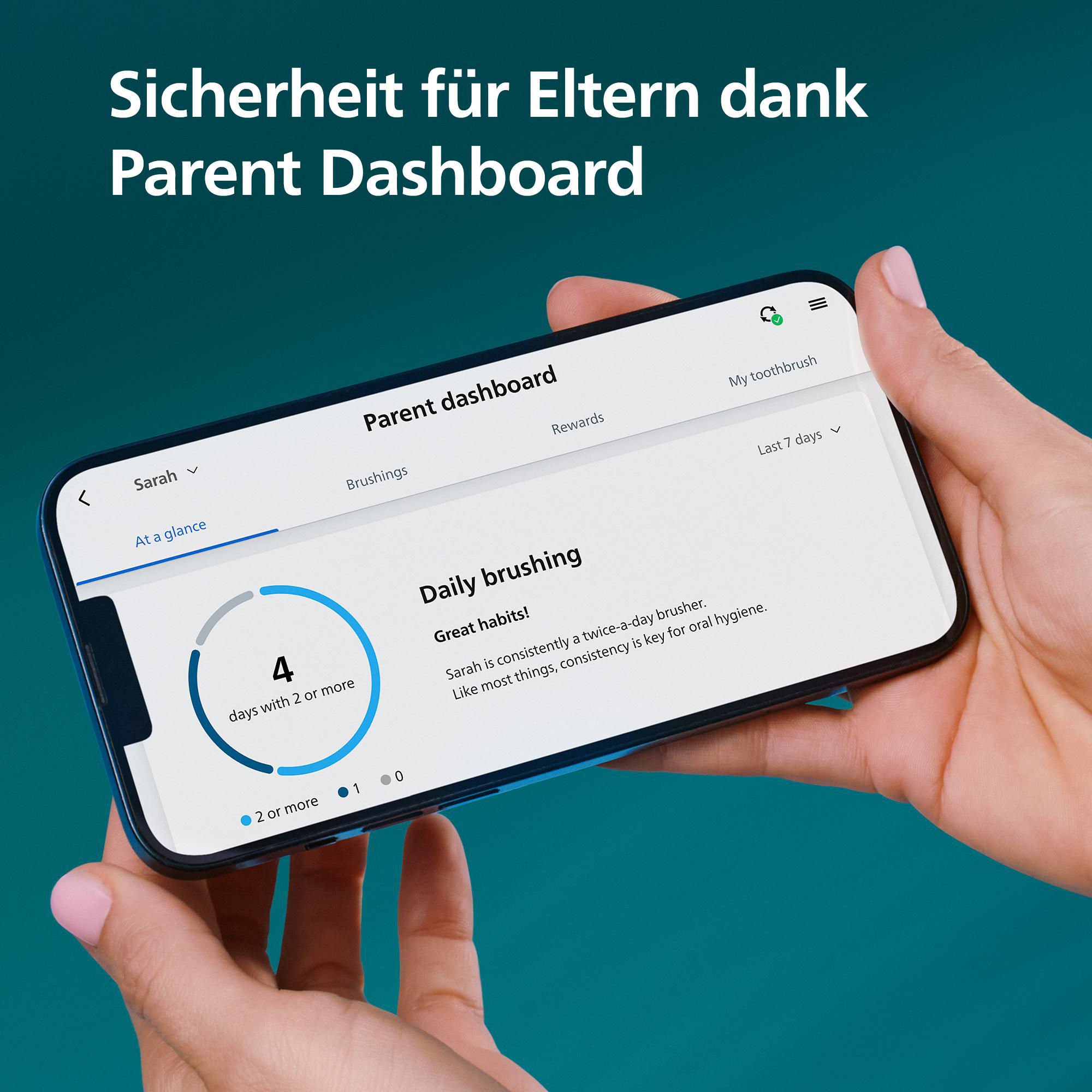 Ein Smartphone zeigt eine Eltern-Dashboard-App für Zahnhygiene mit Statistiken.