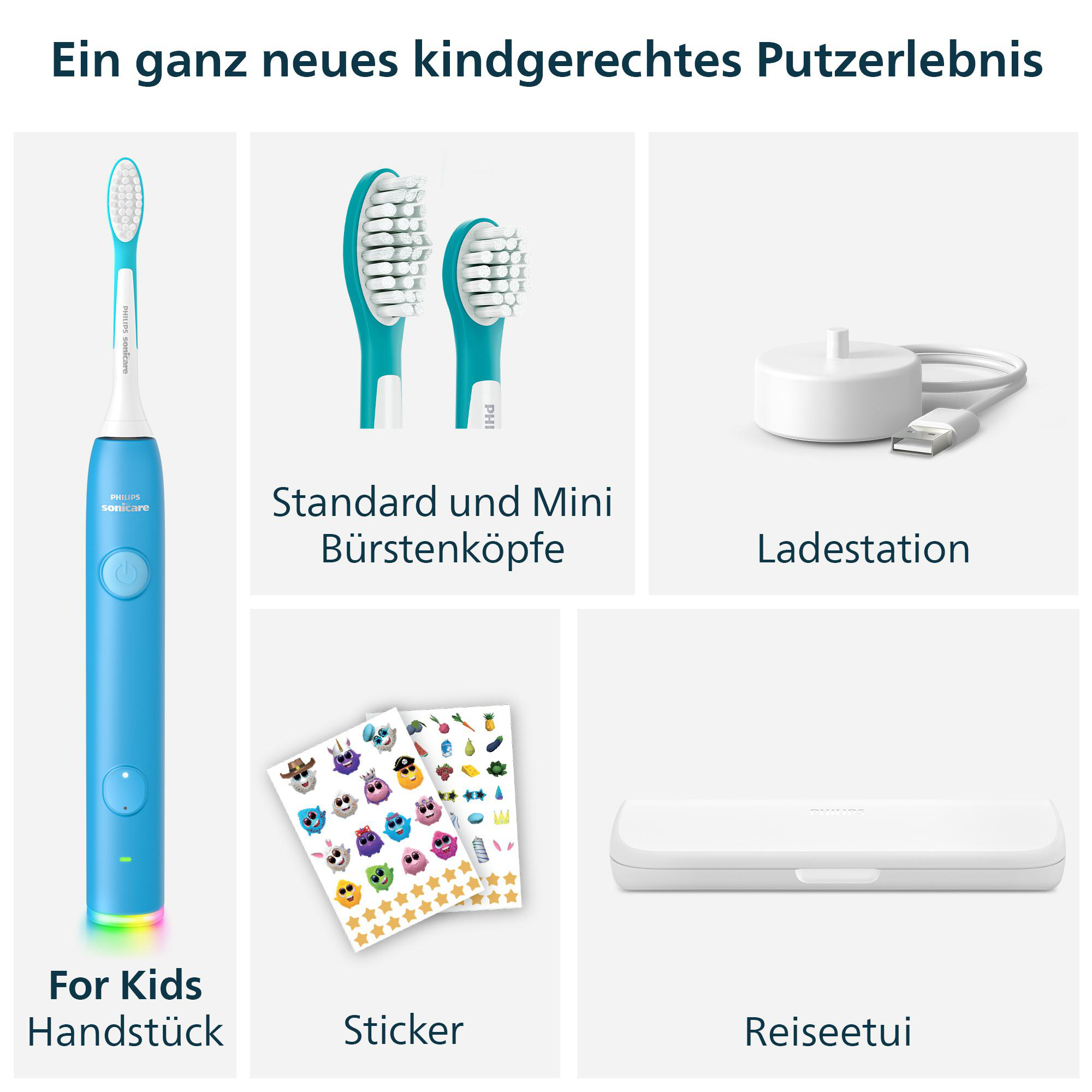 Philips Sonicare Kinderzahnbürste mit Handstück, Bürstenköpfen, Ladestation, Stickern und Reiseetui.