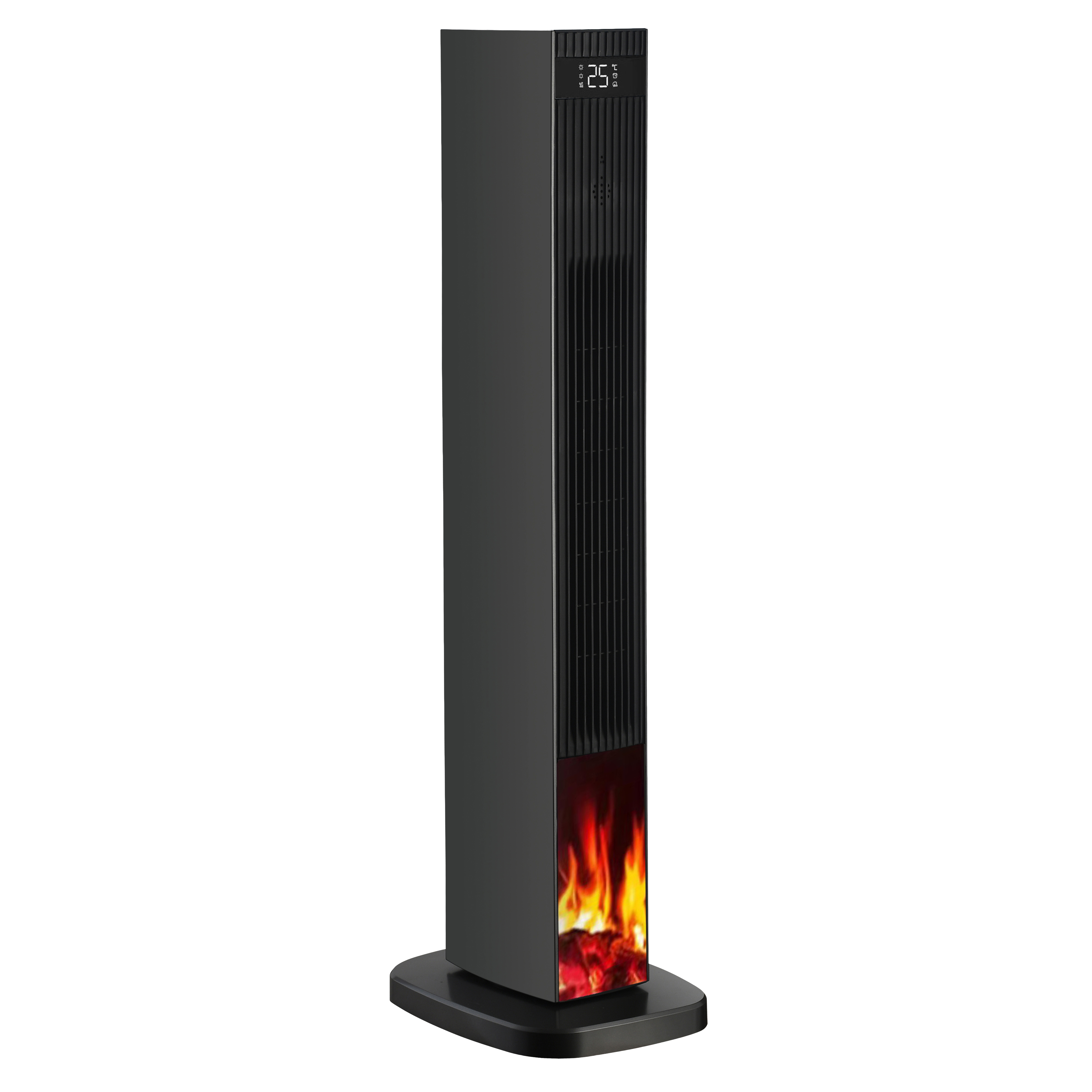 Ein schlanker, schwarzer Turmventilator mit digitalem Display und einer simulierten Flamme im unteren Bereich.