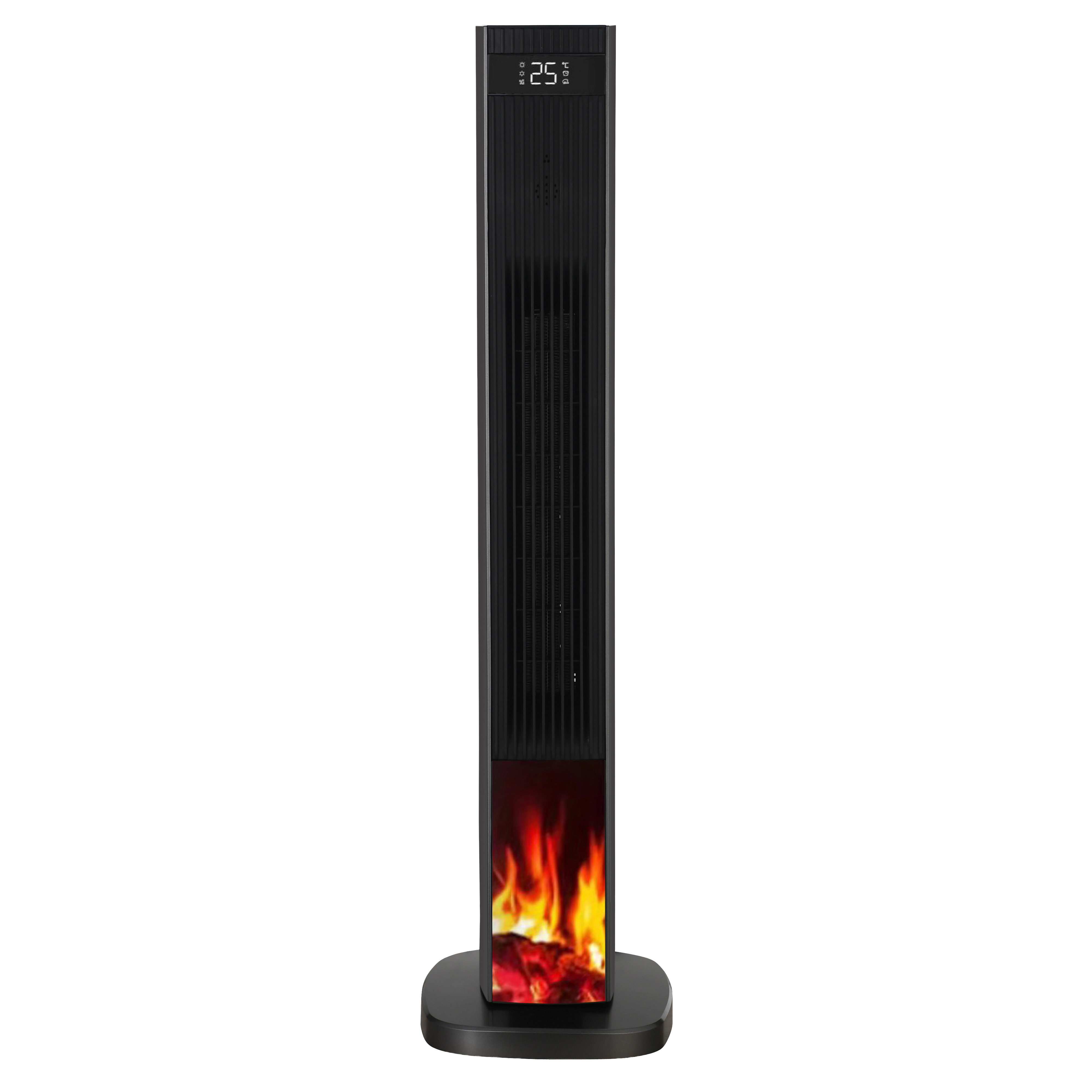 Ein hoher schwarzer Turmventilator mit einem digitalen Display und einer virtuellen Kaminfeueranzeige unten auf einem runden Fuß.