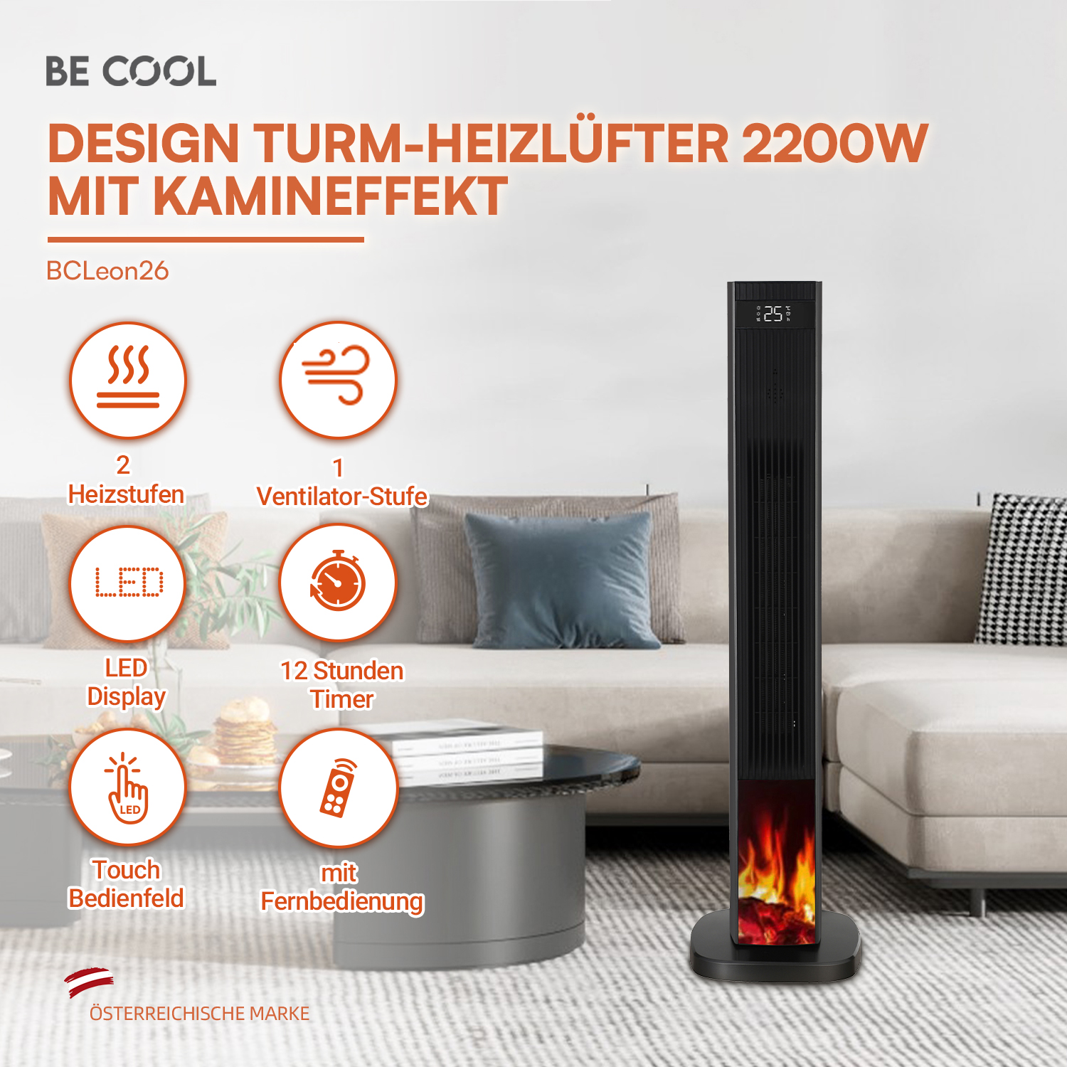 Werbebild eines schlanken schwarzen Turm-Heizlüfters mit Kamineffekt in einem modernen Wohnzimmer.