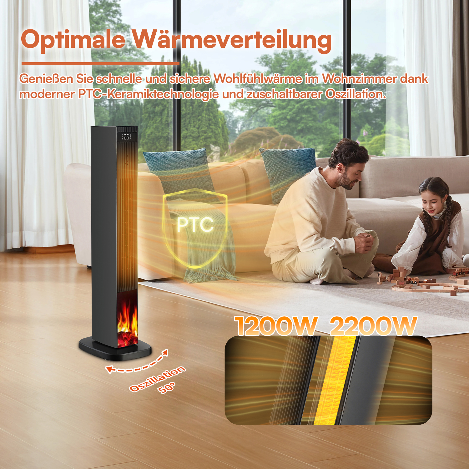 Ein schwarzer Heizlüfter steht in einem hellen Wohnzimmer, während ein Mann und ein Kind spielen.