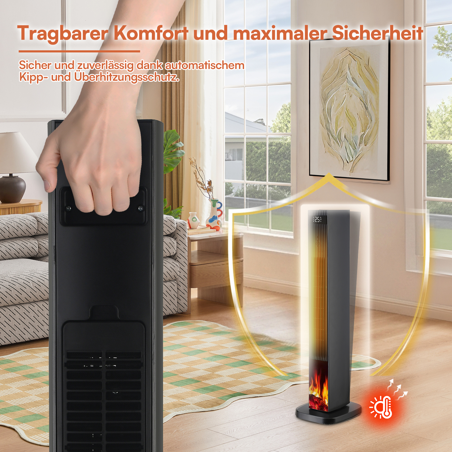 Hand hält einen schwarzen Turmheizer in einem hellen Wohnzimmer.