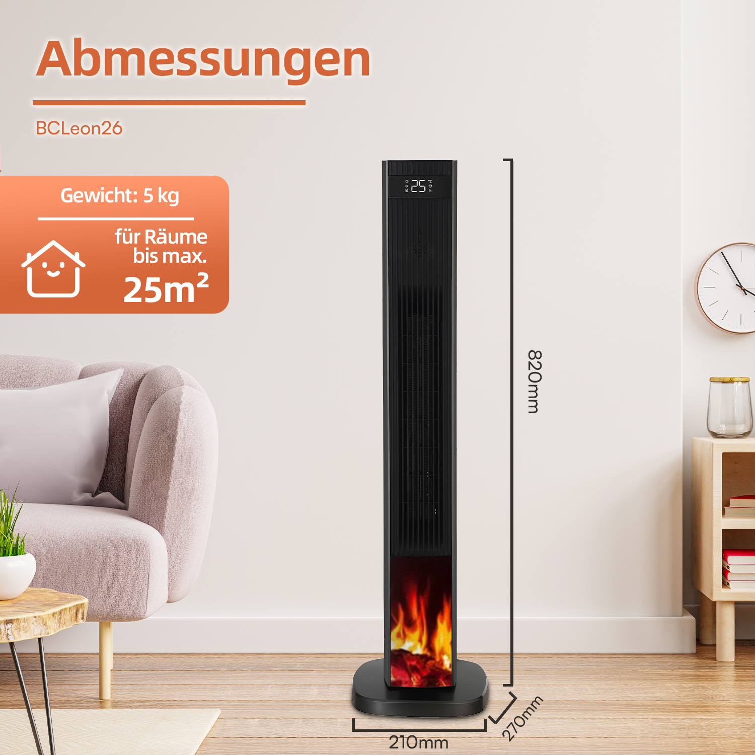 Schwarzer Turmheizer mit Kamineffekt, digitalen Anzeigen und Bemaßungen auf hellem Hintergrund.
