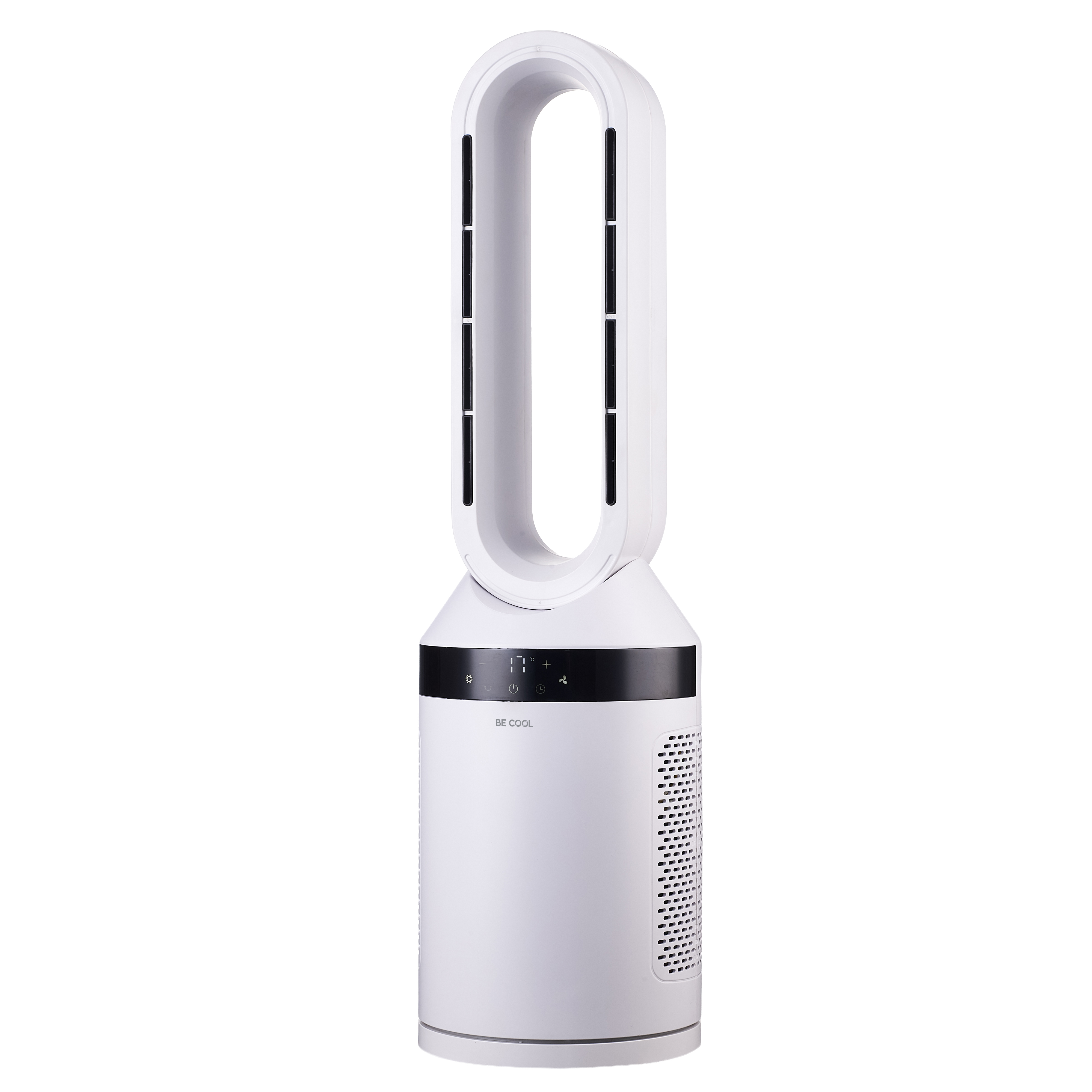 Ein weißer, säulenförmiger Turmventilator mit digitalem Display auf weißem Hintergrund.