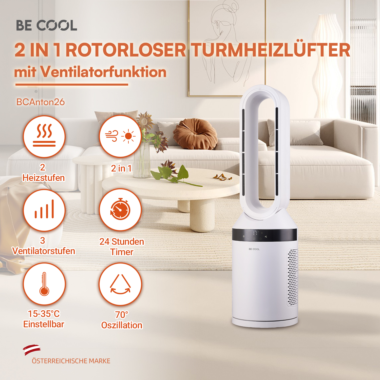 Ein weißer, rotorloser Turmheizer steht in einem hellen Wohnzimmer, umgeben von orangen Funktionssymbolen.