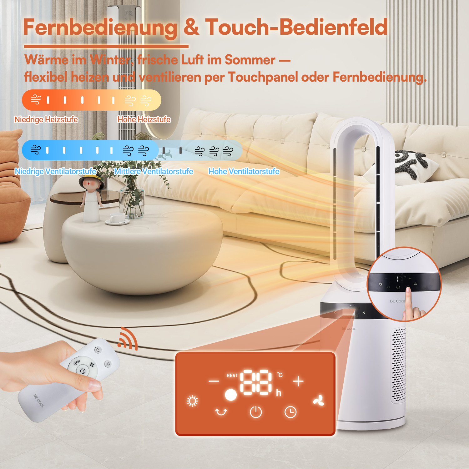 Moderner weisser Turmventilator mit Heizfunktion, Touch-Bedienfeld und Fernbedienung in einem hellen Wohnzimmer.