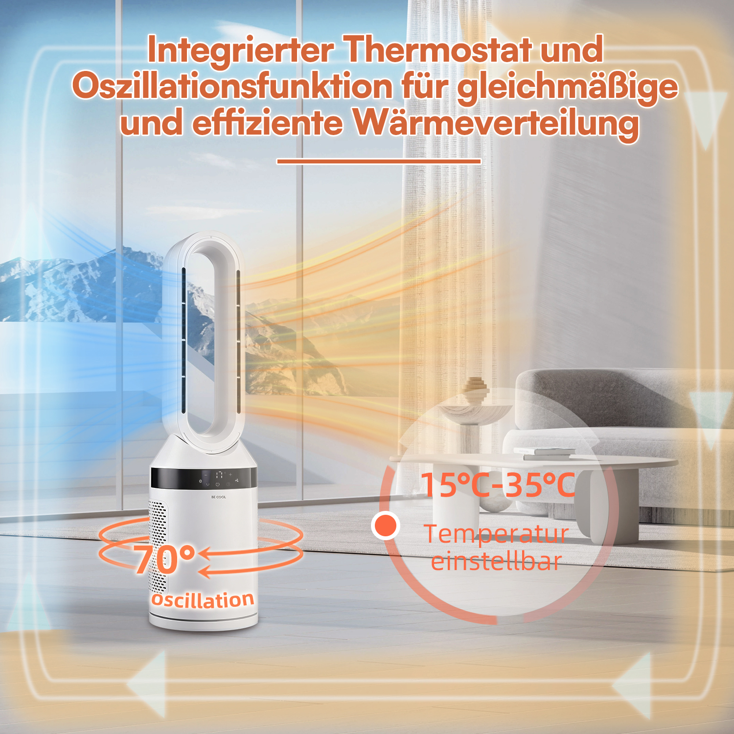 Moderner weißer Turmventilator mit Oszillation und einstellbarem Thermostat in einem Wohnzimmer.