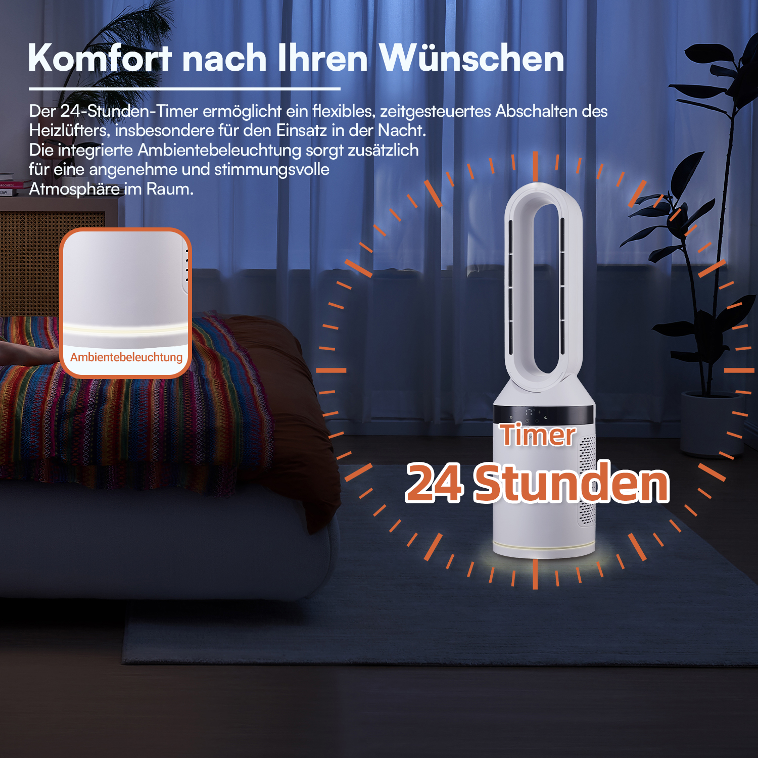 Moderner Turmventilator im Schlafzimmer mit 24-Stunden-Timer und sanftem Umgebungslicht.
