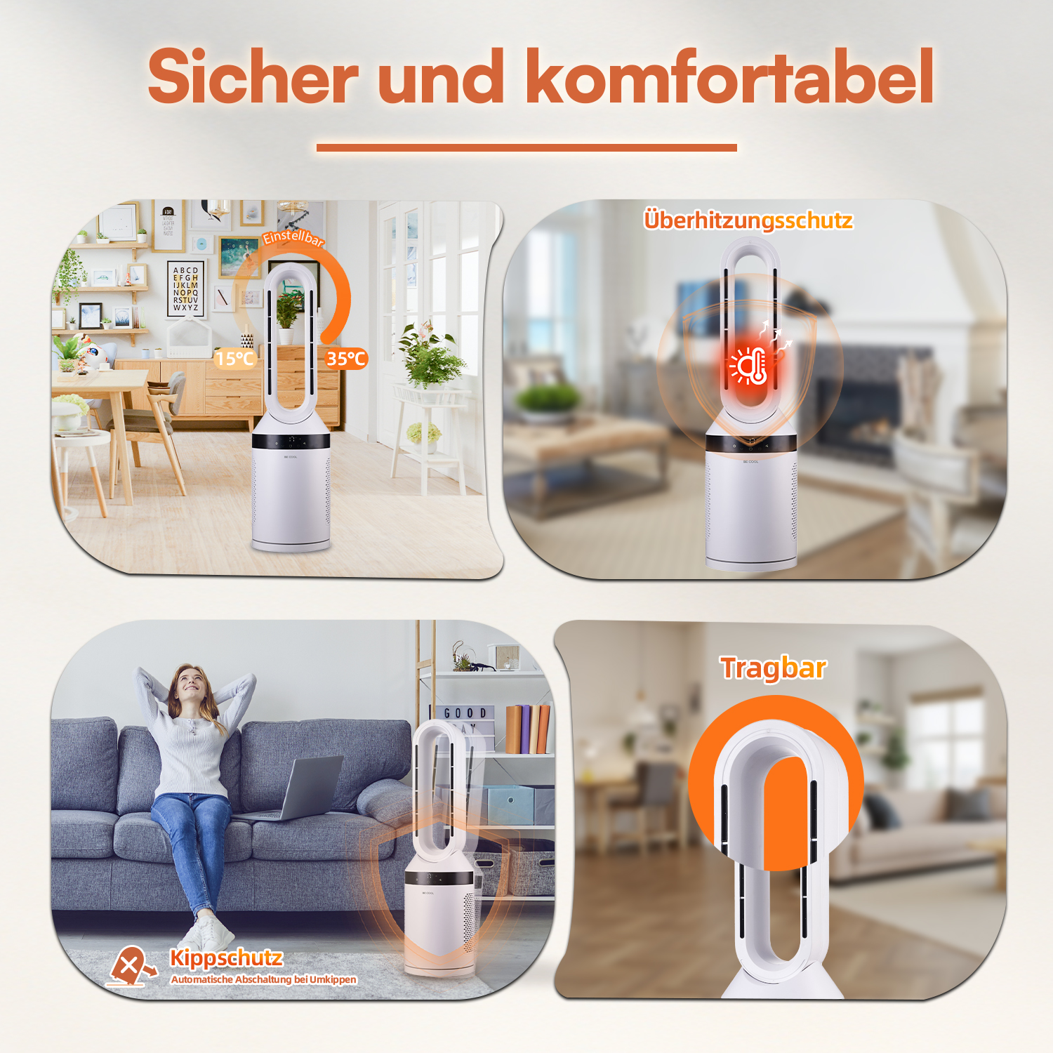 Vier Bilder zeigen die Merkmale eines weißen Turmventilators in verschiedenen Wohnräumen.